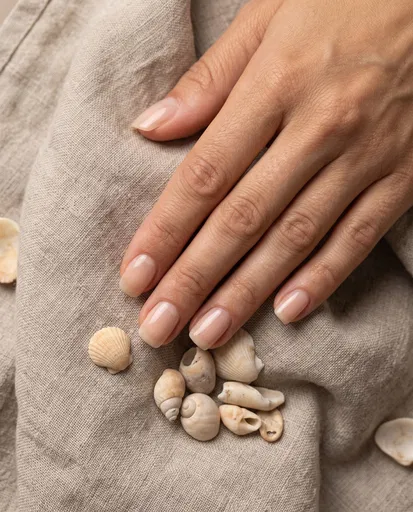 Glossy Neutral Manicure On Linen With Seashells