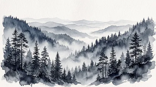 Indigo Watercolor Mountain Forest Landscape