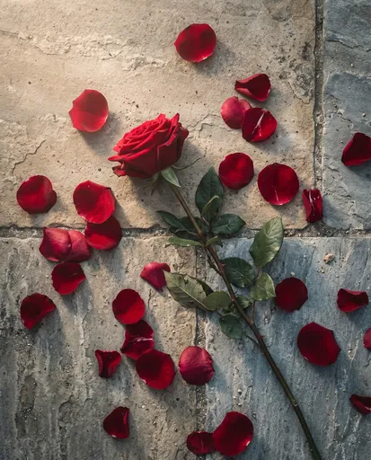 Red Rose and Petals on Stone
