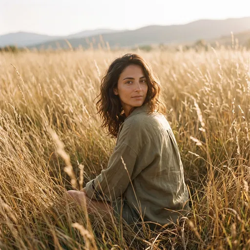 Woman Sitting in Golden Prairie Grass