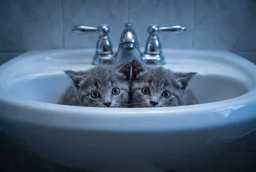 Two Gray Kittens Hiding in Sink