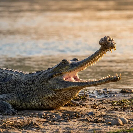 Male Gharial Yawning on Sunlit Riverbank