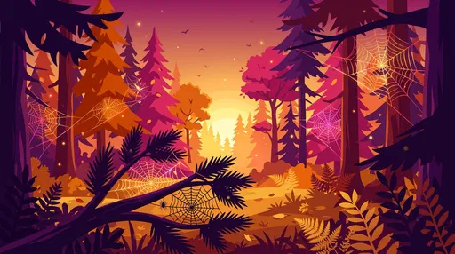Autumn Forest With Glowing Cobwebs Illustration