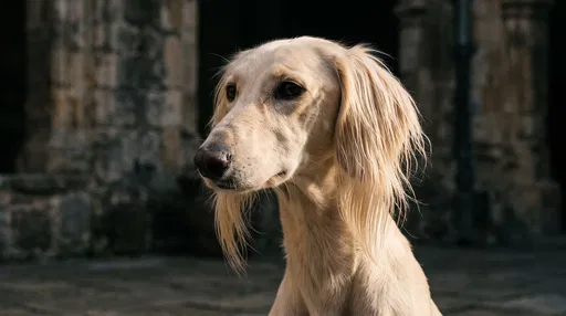 Cream Persian Hound Portrait in Courtyard