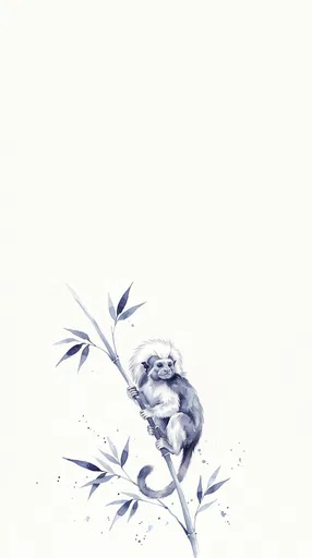 Indigo Watercolor Cotton-Top Tamarin on Bamboo