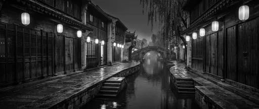 Monochrome Ancient Chinese Water Town at Night