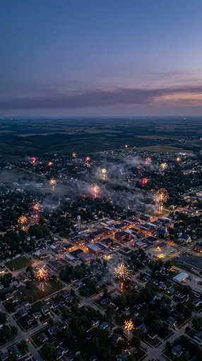 Aerial Twilight Fireworks Over Small Town