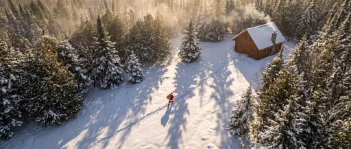 Aerial View of Santa Approaching Winter Cabin