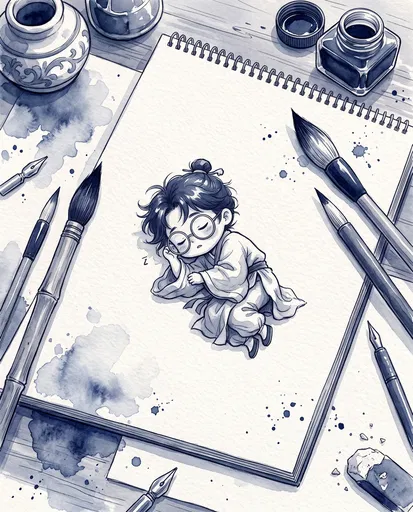 Chibi Scholar Sleeping on Giant Sketchbook