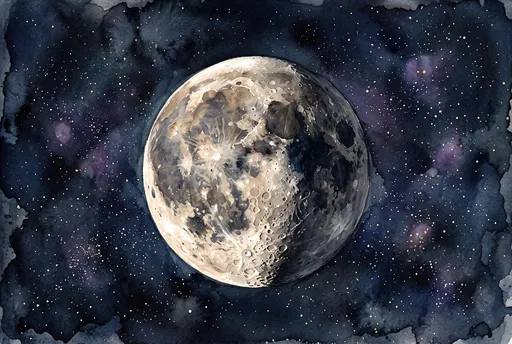 Watercolor Illustration of Cratered Moon in Space