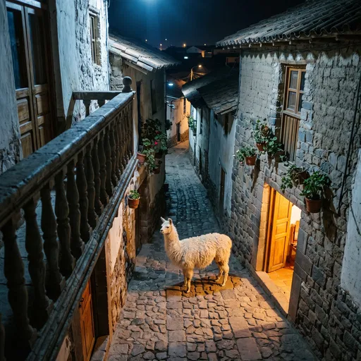 White Llama in Andean Alley at Night