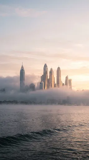 Misty Sunrise Over Waterfront Skyscrapers