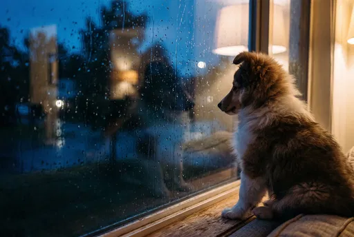 Shetland Sheepdog Puppy Looking Out Rainy Window