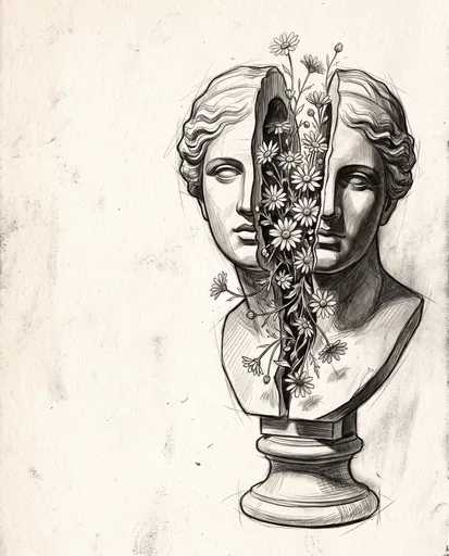 Split Classical Bust With Daisies Sketch