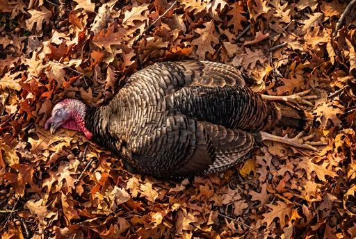Turkey Sleeping Flat in Autumn Leaves
