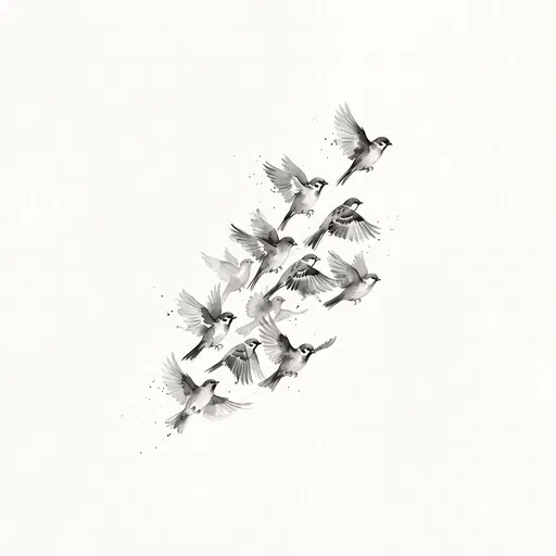 Monochrome Watercolor Flock of Sparrows Ascending