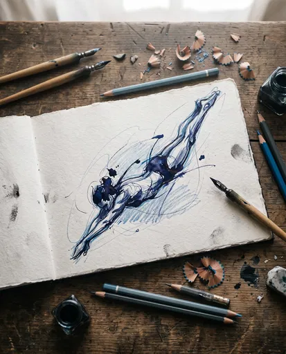 Sketchbook with Indigo Diving Figure Drawing