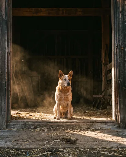 Red Heeler Sitting in Barn Doorway