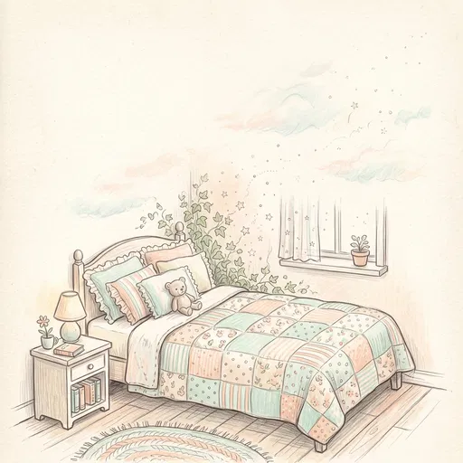 Storybook Pastel Illustration of Cozy Bed