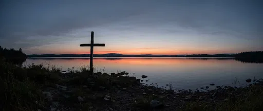 Silhouette Cross on Quiet Lakeshore at Dusk