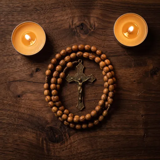 Wooden Rosary and Candles on Dark Wood