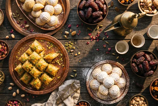 Eid Feast Table with Baklava and Dates