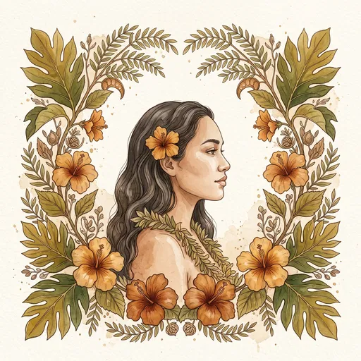 Watercolor Hawaiian Woman Botanical Portrait