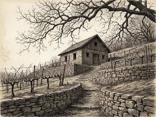 Charcoal Drawing of Vineyard Storehouse