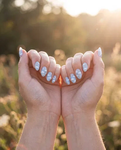 Hands with Sky Blue Cloud Nail Art
