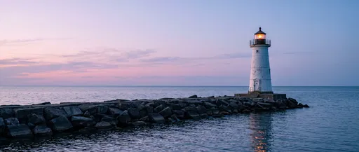 White Lighthouse on Breakwall at Twilight