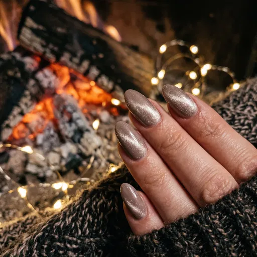 Shimmering Taupe Cat-Eye Nails by Fireplace
