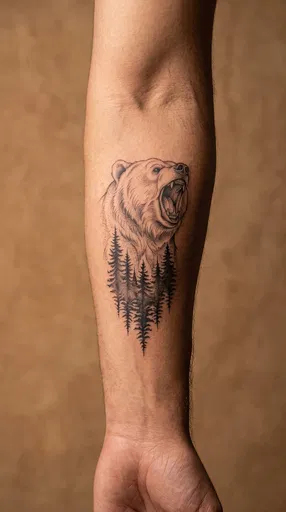 Bear and Pine Tree Forearm Tattoo