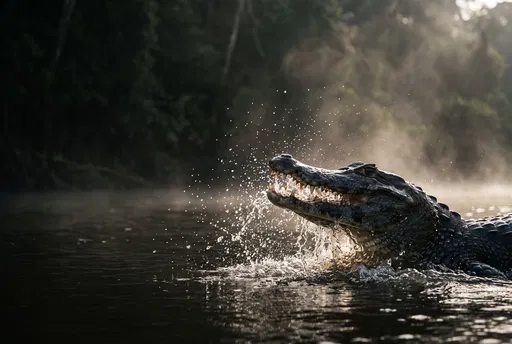 Backlit Black Caiman Snapping in River