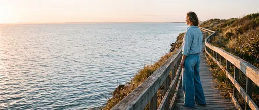 Woman on Coastal Boardwalk at Sunset