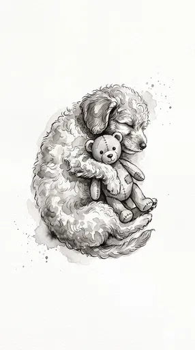 Monochrome Watercolor Puppy Sleeping With Teddy Bear