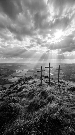 Three Wooden Crosses on Windswept Hilltop