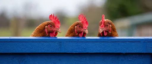 Three Brown Hens Peeking Over Blue Fence