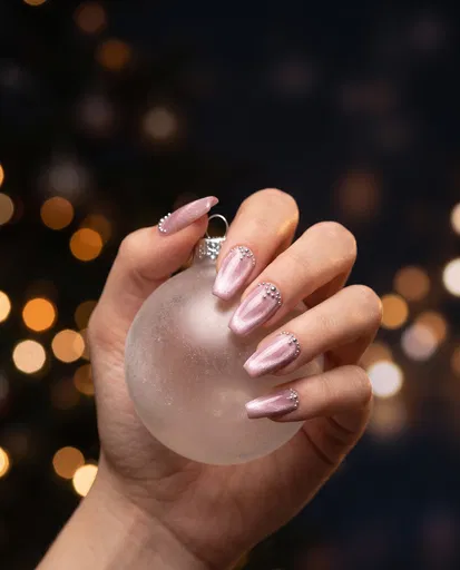 Pink Velvet Manicure Holding Frosted Holiday Ornament