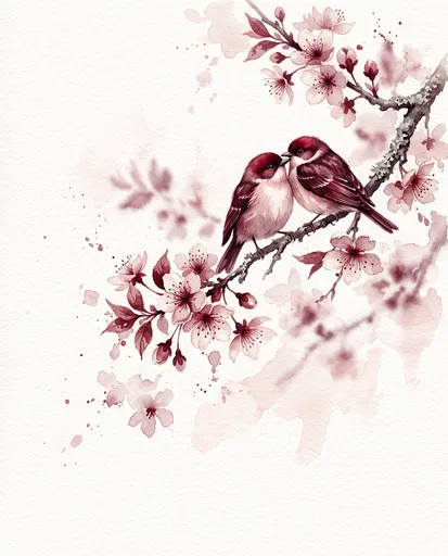 Watercolor Songbirds on Cherry Blossom Branch