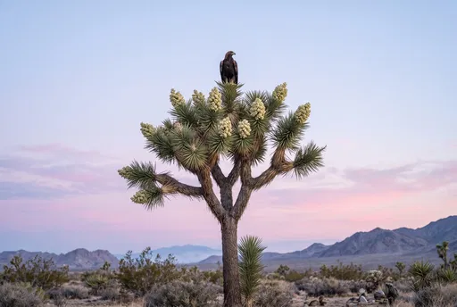 Eagle Perched on Flowering Joshua Tree