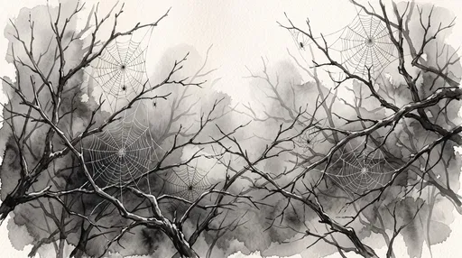Monochrome Ink Wash Branches and Cobwebs