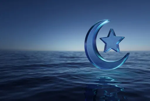 Blue Glass Star and Crescent Over Water