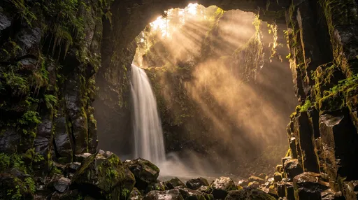 Golden Sunbeams Over Canyon Plunge Waterfall