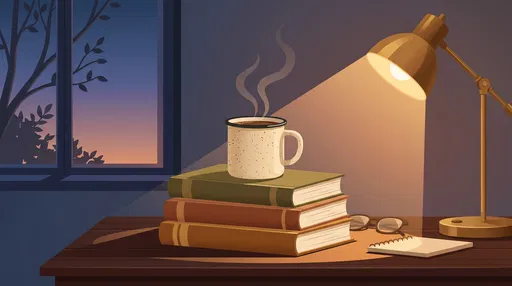 Steaming Coffee Mug on Books at Dawn