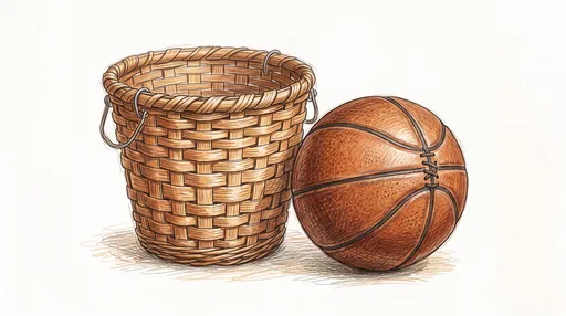 Vintage Peach Basket and Leather Basketball Illustration