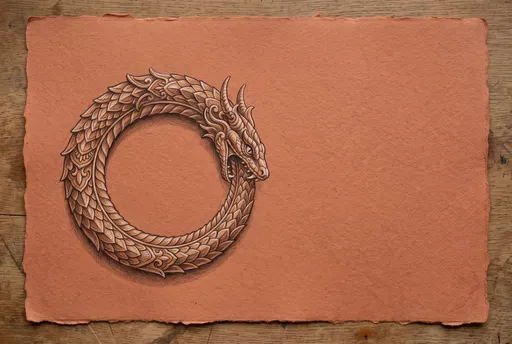 Ouroboros Serpent Drawing on Terracotta Paper