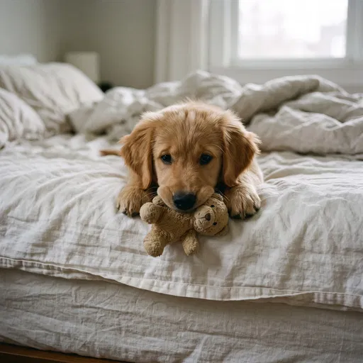 Golden Retriever Puppy With Toy on Bed