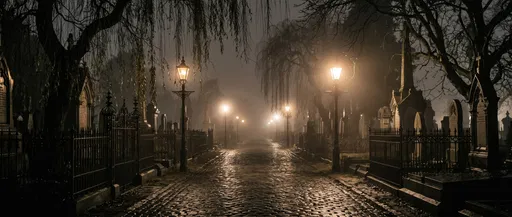 Misty Victorian Cemetery Avenue at Night