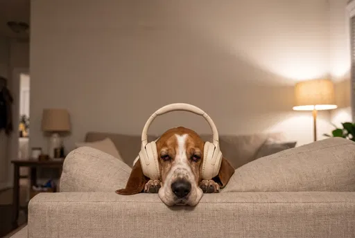 Sleepy Basset Hound Wearing Cream Headphones