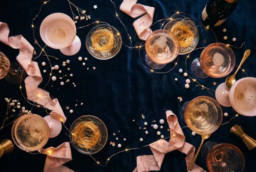 Champagne Coupes and Fairy Lights Flat Lay